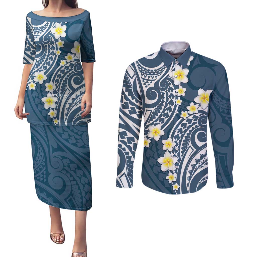 Plumeria With Blue Polynesian Tattoo Pattern Couples Matching Puletasi and Long Sleeve Button Shirt