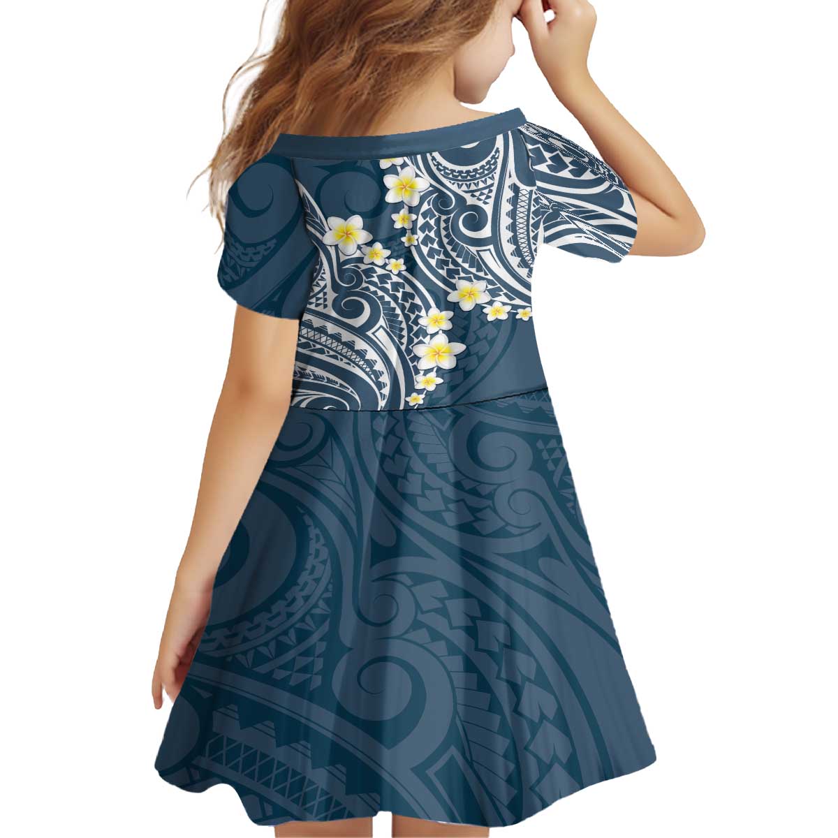 Plumeria With Blue Polynesian Tattoo Pattern Family Matching Off The Shoulder Long Sleeve Dress and Hawaiian Shirt