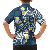Plumeria With Blue Polynesian Tattoo Pattern Family Matching Off Shoulder Maxi Dress and Hawaiian Shirt