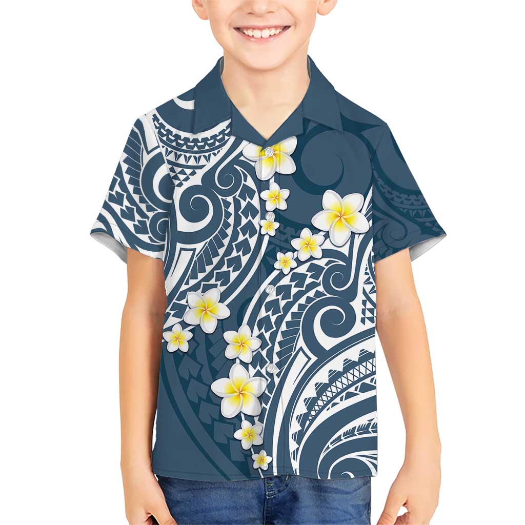 Plumeria With Blue Polynesian Tattoo Pattern Kid Hawaiian Shirt LT05 Kid Blue - Polynesian Pride
