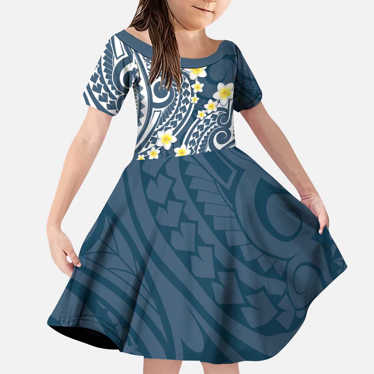 Plumeria With Blue Polynesian Tattoo Pattern Kid Short Sleeve Dress LT05 KID Blue - Polynesian Pride