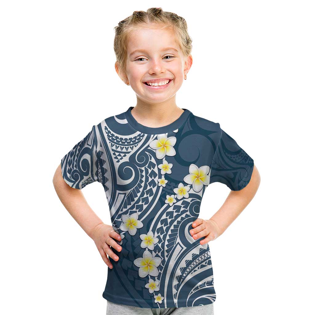 Plumeria With Blue Polynesian Tattoo Pattern Kid T Shirt