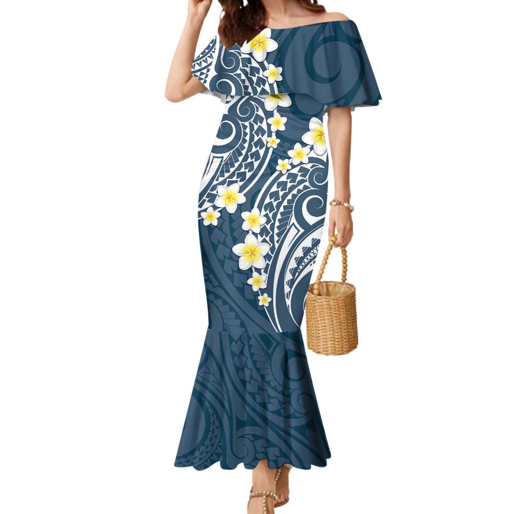 Plumeria With Blue Polynesian Tattoo Pattern Mermaid Dress LT05 Women Blue - Polynesian Pride