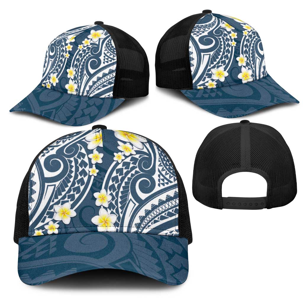 Plumeria With Blue Polynesian Tattoo Pattern Mesh Trucker Cap - Polynesian Pride
