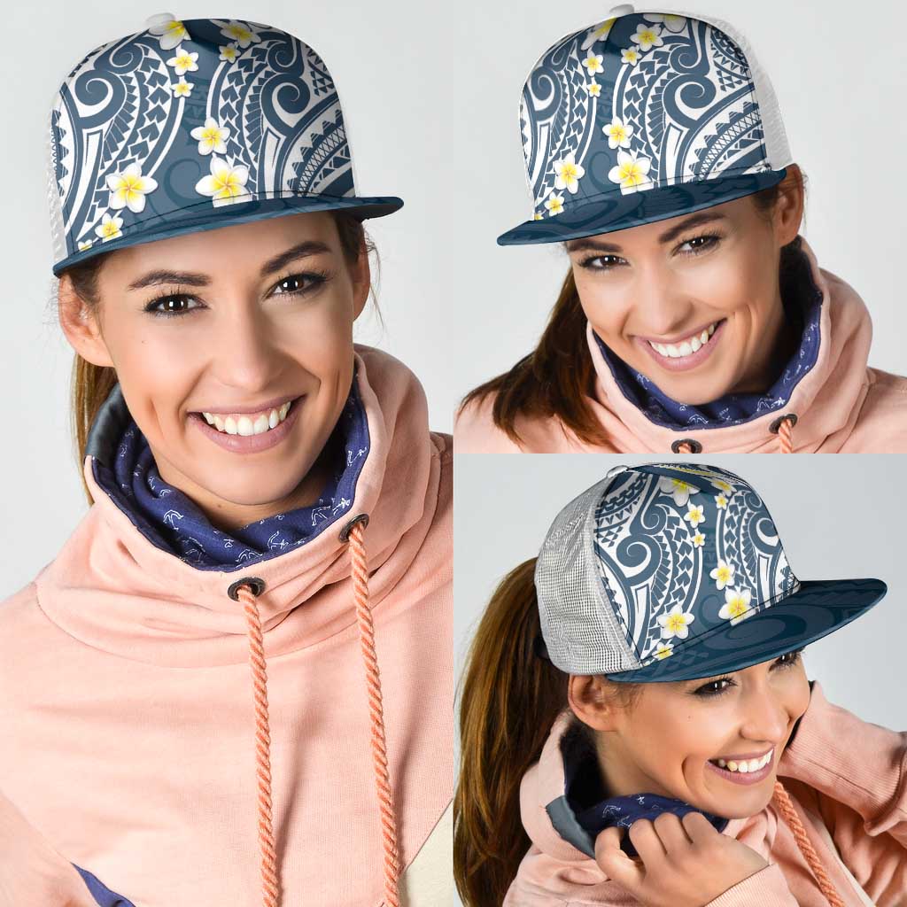 Plumeria With Blue Polynesian Tattoo Pattern Mesh Trucker Cap - Polynesian Pride