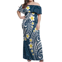 Plumeria With Blue Polynesian Tattoo Pattern Off Shoulder Maxi Dress