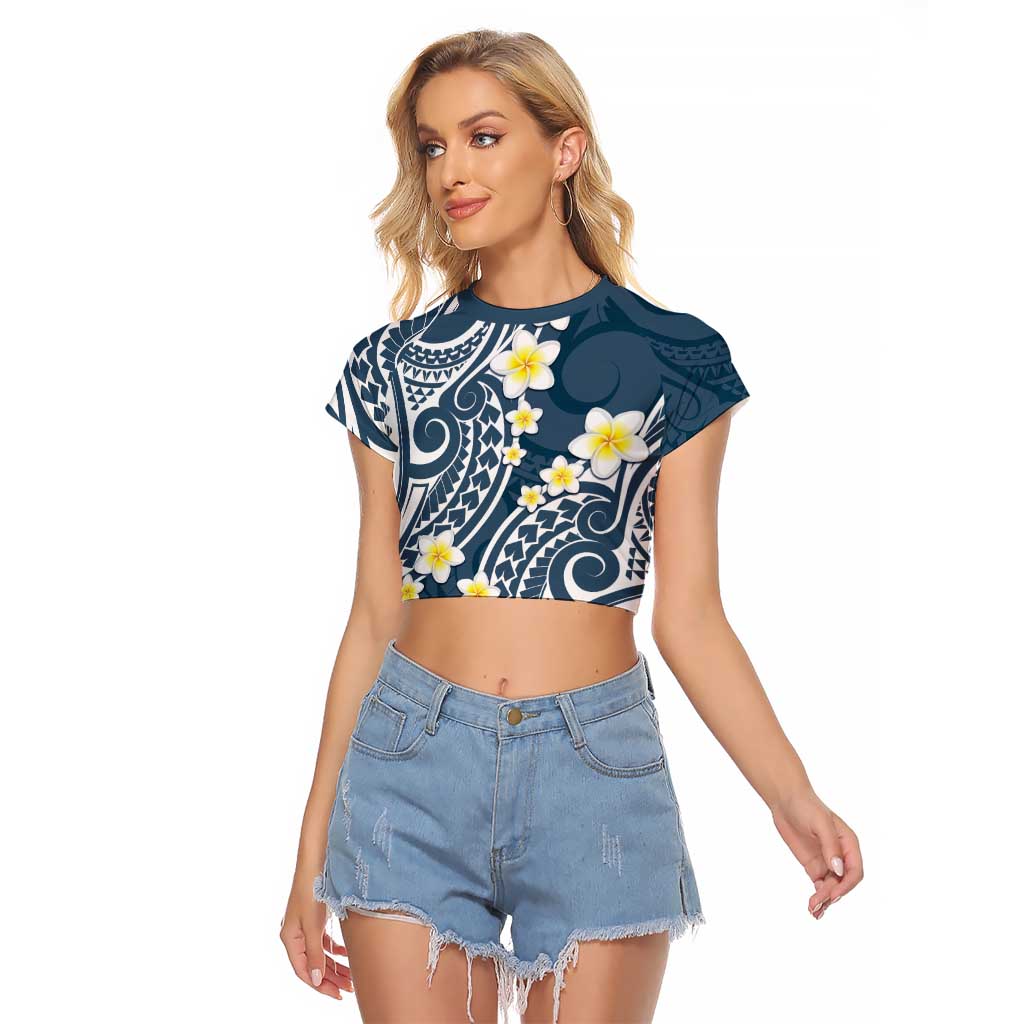 Plumeria With Blue Polynesian Tattoo Pattern Raglan Cropped T Shirt
