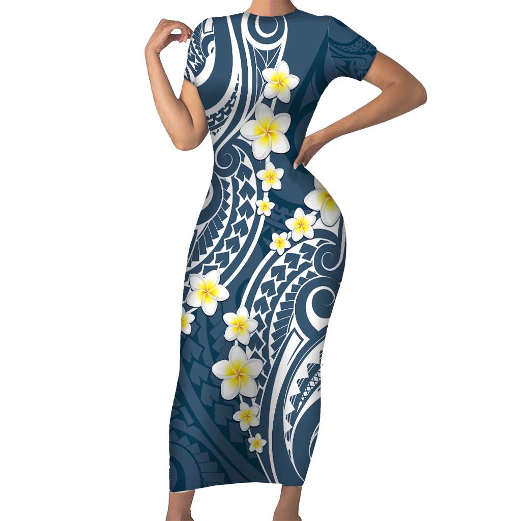 Plumeria With Blue Polynesian Tattoo Pattern Short Sleeve Bodycon Dress LT05 Long Dress Blue - Polynesian Pride