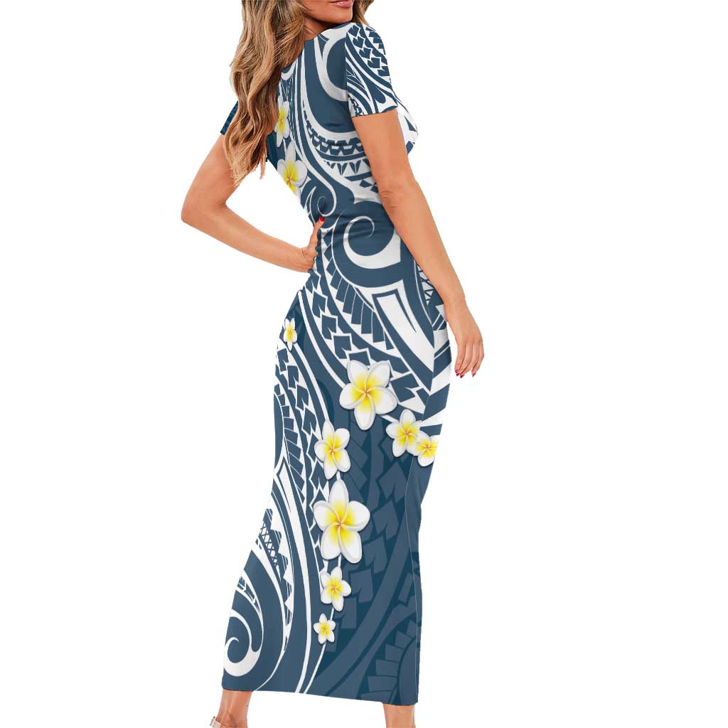 Plumeria With Blue Polynesian Tattoo Pattern Short Sleeve Bodycon Dress