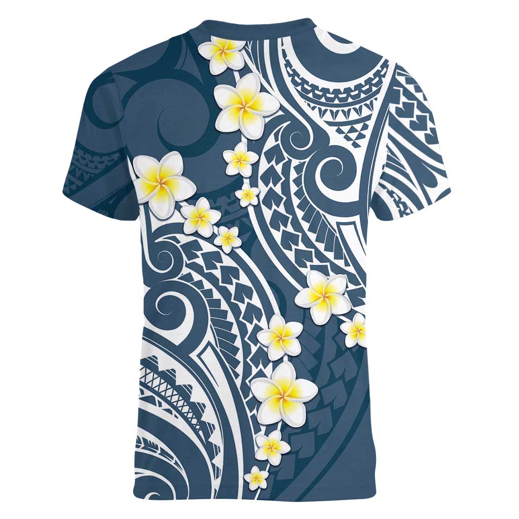 Plumeria With Blue Polynesian Tattoo Pattern Women V-Neck T-Shirt