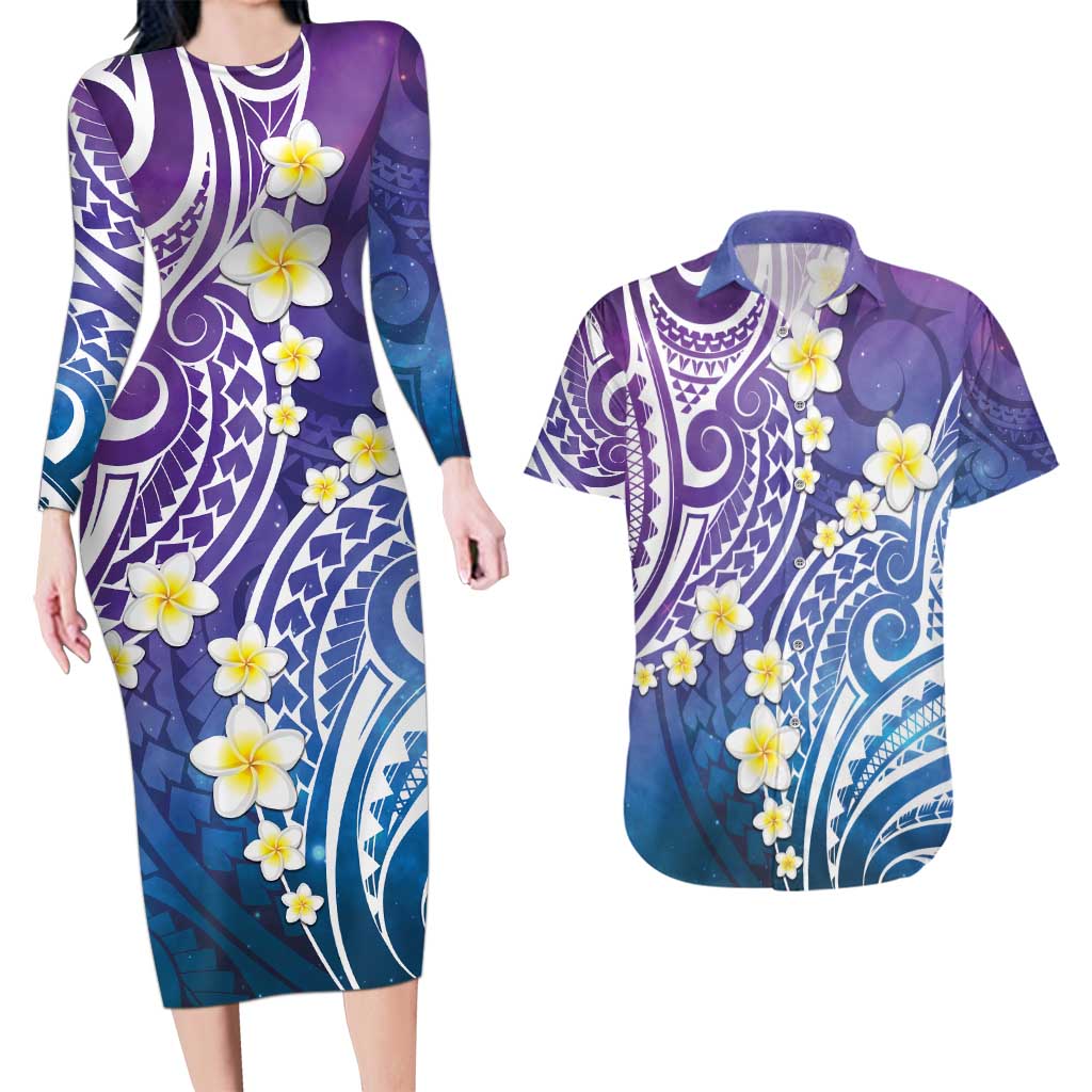 Plumeria With Galaxy Polynesian Tattoo Pattern Couples Matching Long Sleeve Bodycon Dress and Hawaiian Shirt LT05 Galaxy - Polynesian Pride