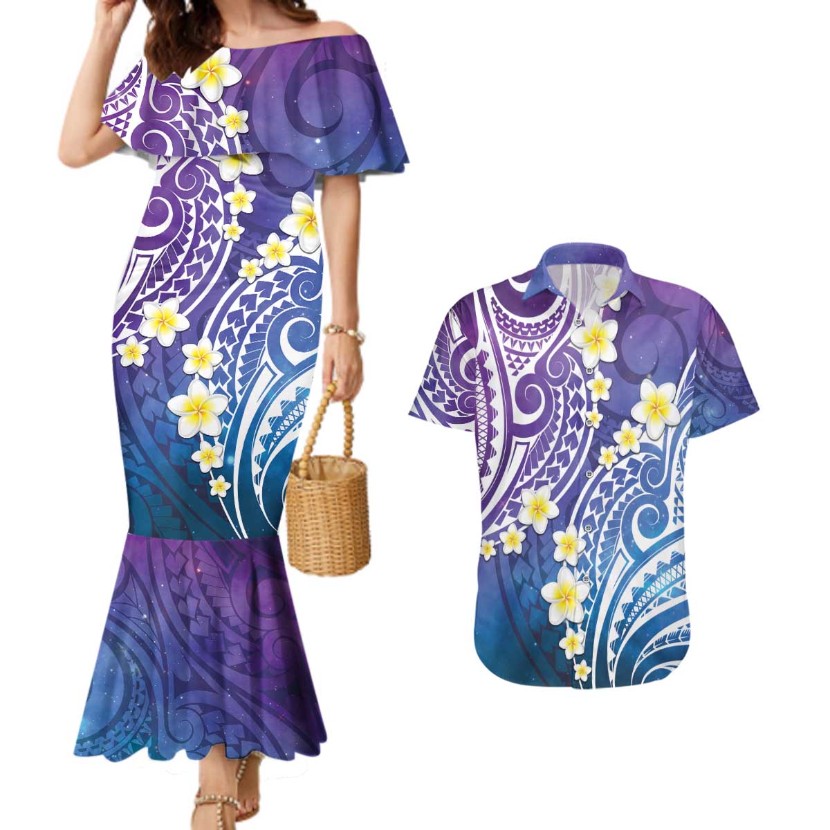 Plumeria With Galaxy Polynesian Tattoo Pattern Couples Matching Mermaid Dress and Hawaiian Shirt LT05 Galaxy - Polynesian Pride