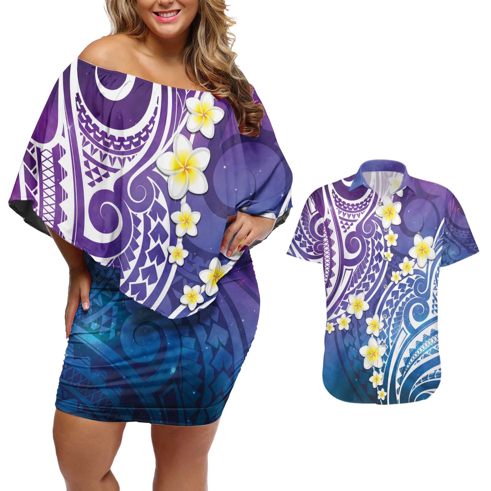 Plumeria With Galaxy Polynesian Tattoo Pattern Couples Matching Off Shoulder Short Dress and Hawaiian Shirt LT05 Galaxy - Polynesian Pride