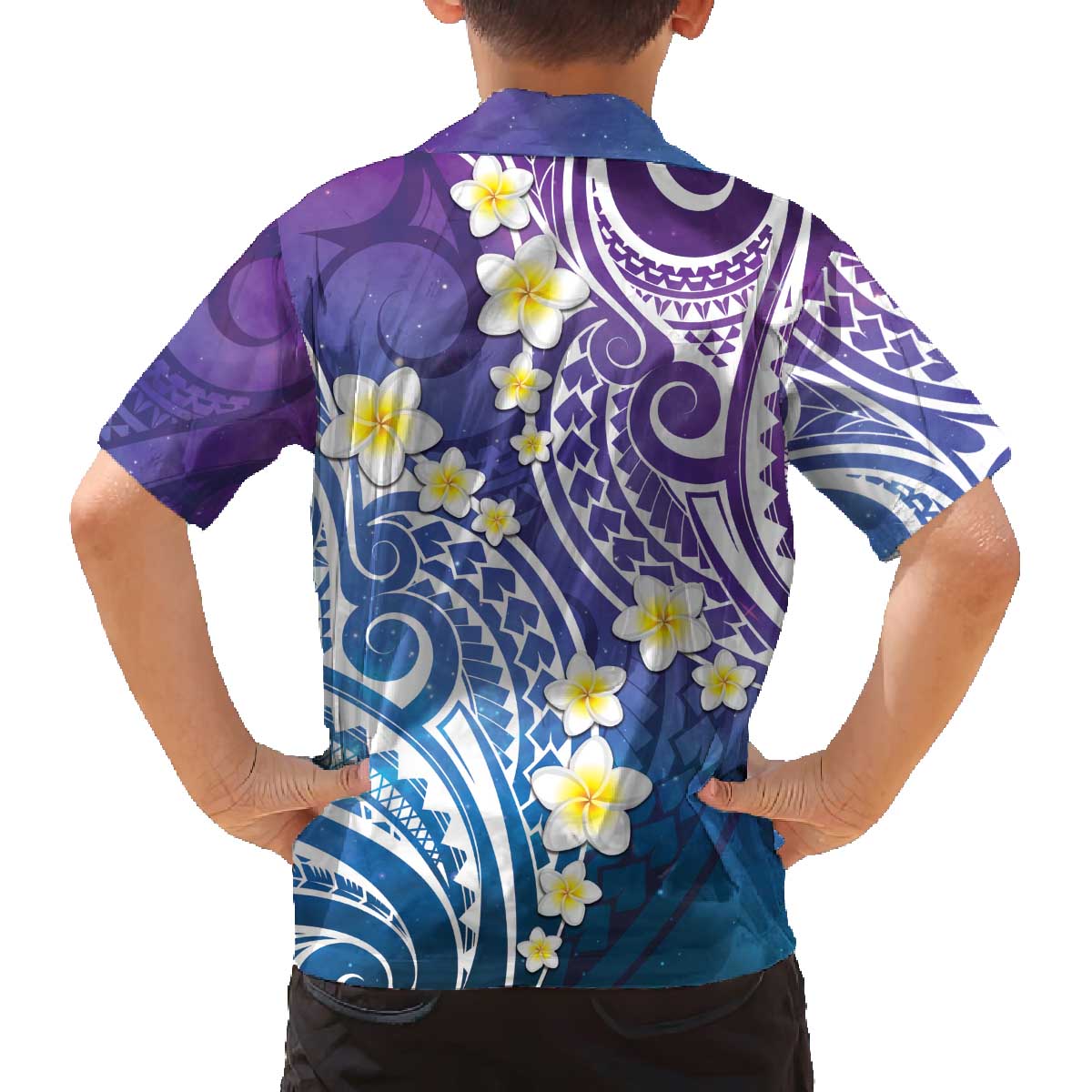 Plumeria With Galaxy Polynesian Tattoo Pattern Family Matching Off The Shoulder Long Sleeve Dress and Hawaiian Shirt