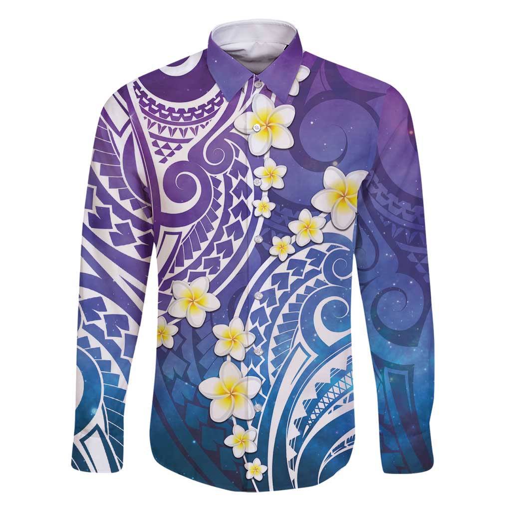 Plumeria With Galaxy Polynesian Tattoo Pattern Family Matching Off Shoulder Maxi Dress and Hawaiian Shirt