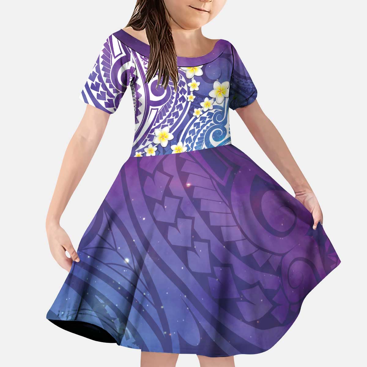 Plumeria With Galaxy Polynesian Tattoo Pattern Kid Short Sleeve Dress LT05 KID Galaxy - Polynesian Pride