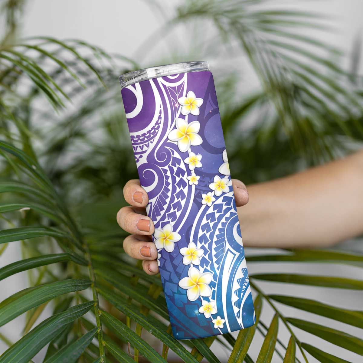Plumeria With Galaxy Gradient Polynesian Tattoo Pattern Skinny Tumbler