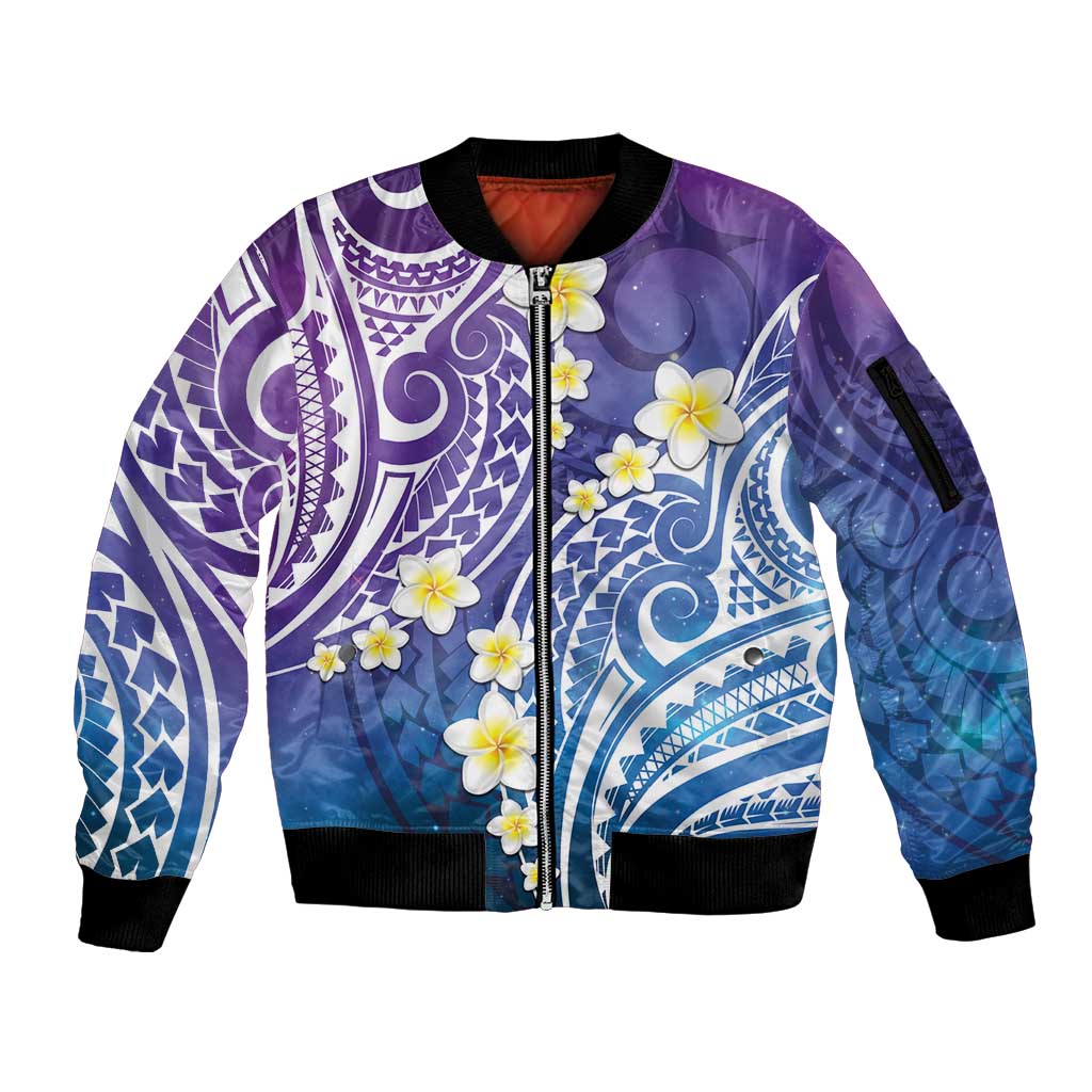 Plumeria With Galaxy Polynesian Tattoo Pattern Sleeve Zip Bomber Jacket LT05 Unisex Galaxy - Polynesian Pride