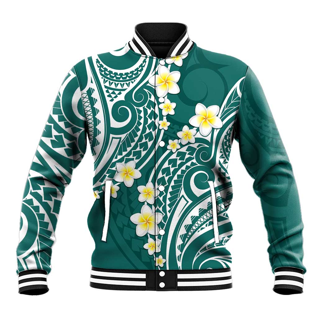 Plumeria With Teal Polynesian Tattoo Pattern Baseball Jacket