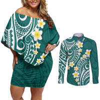 Plumeria With Teal Polynesian Tattoo Pattern Couples Matching Off Shoulder Short Dress and Long Sleeve Button Shirt LT05 Teal - Polynesian Pride