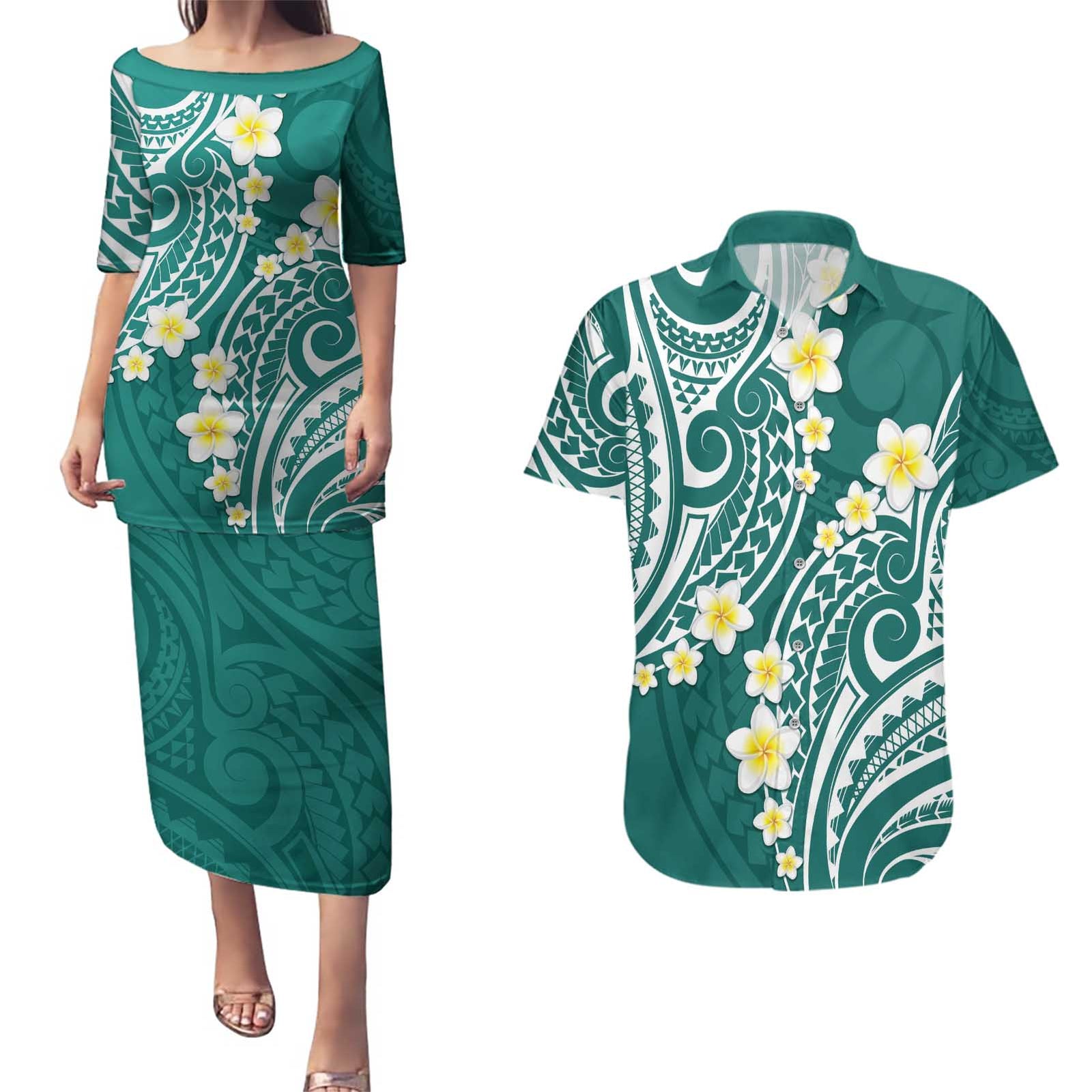 Plumeria With Teal Polynesian Tattoo Pattern Couples Matching Puletasi and Hawaiian Shirt