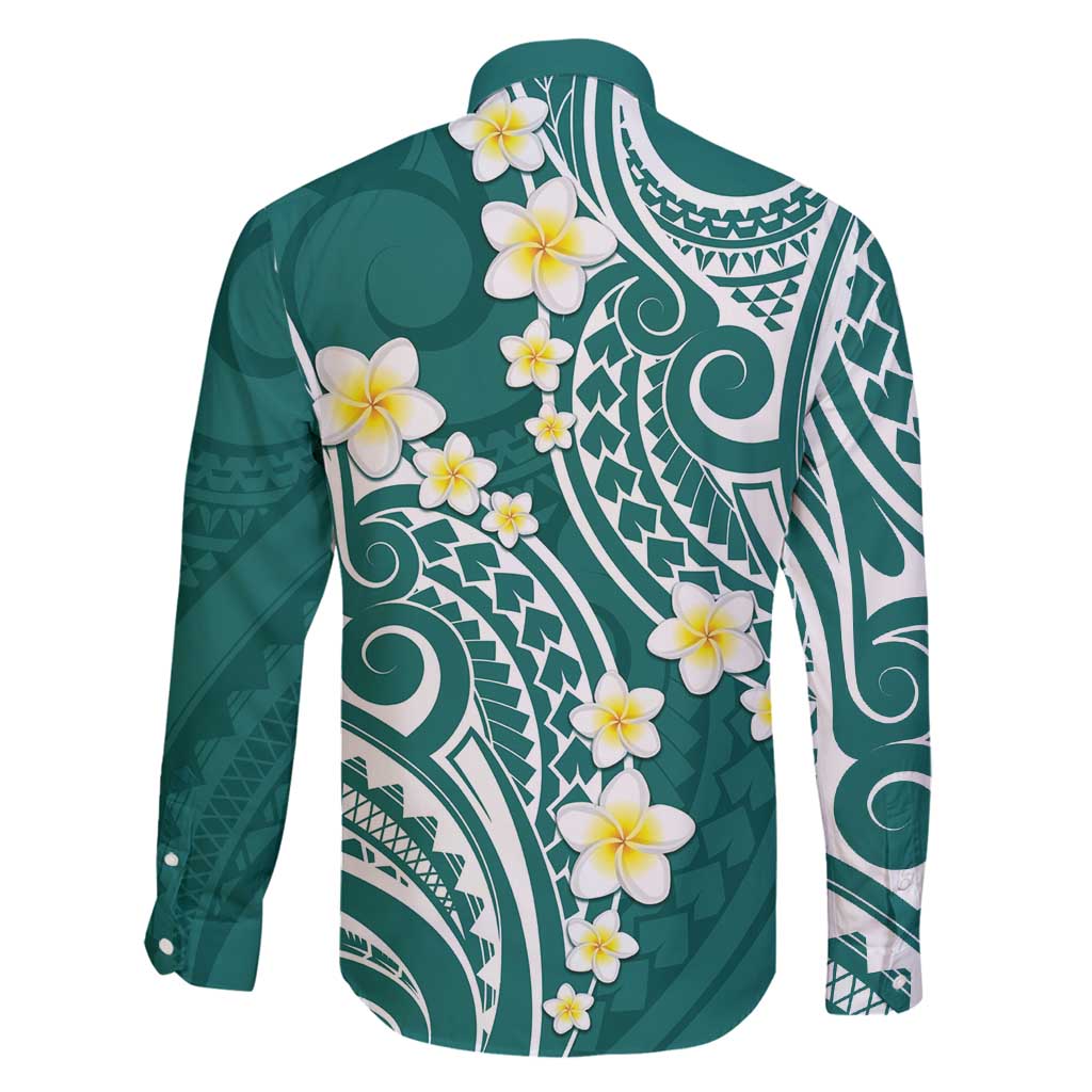 Plumeria With Teal Polynesian Tattoo Pattern Family Matching Off Shoulder Maxi Dress and Hawaiian Shirt