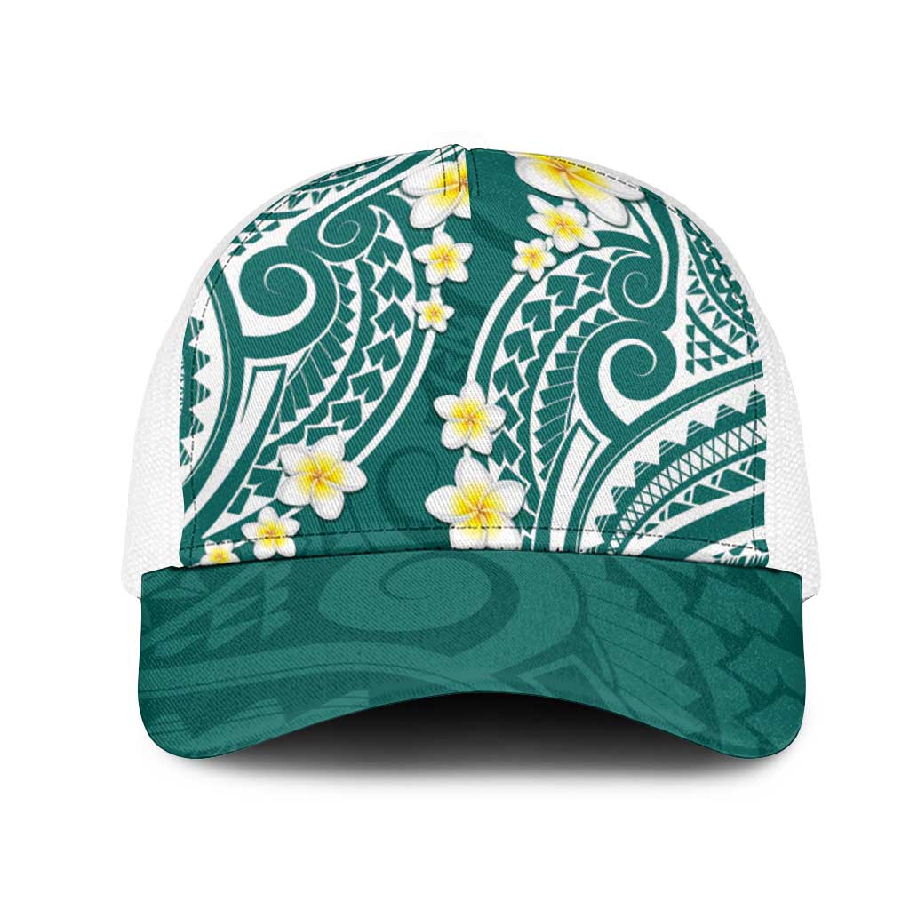 Plumeria With Teal Polynesian Tattoo Pattern Mesh Trucker Cap - Polynesian Pride