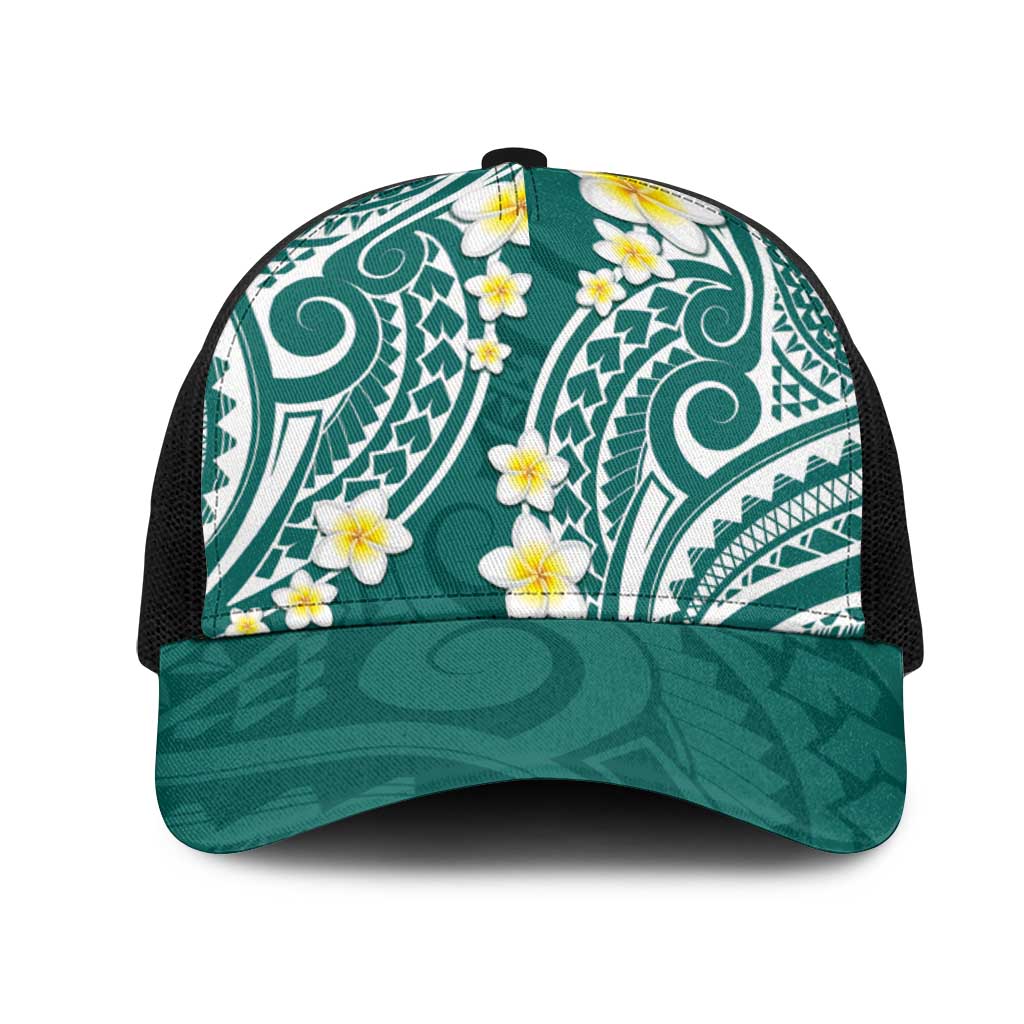 Plumeria With Teal Polynesian Tattoo Pattern Mesh Trucker Cap - Polynesian Pride