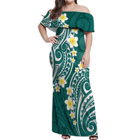 Plumeria With Teal Polynesian Tattoo Pattern Off Shoulder Maxi Dress