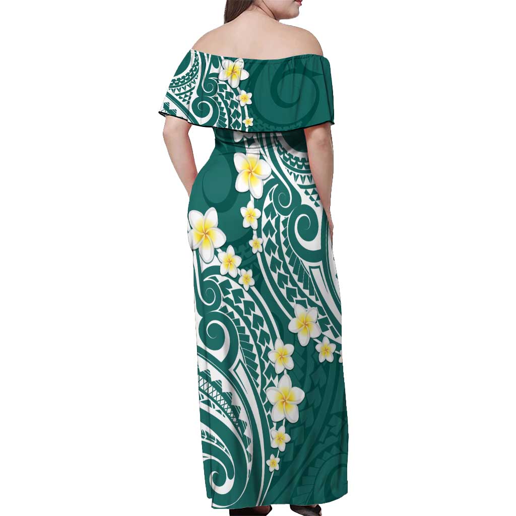 Plumeria With Teal Polynesian Tattoo Pattern Off Shoulder Maxi Dress