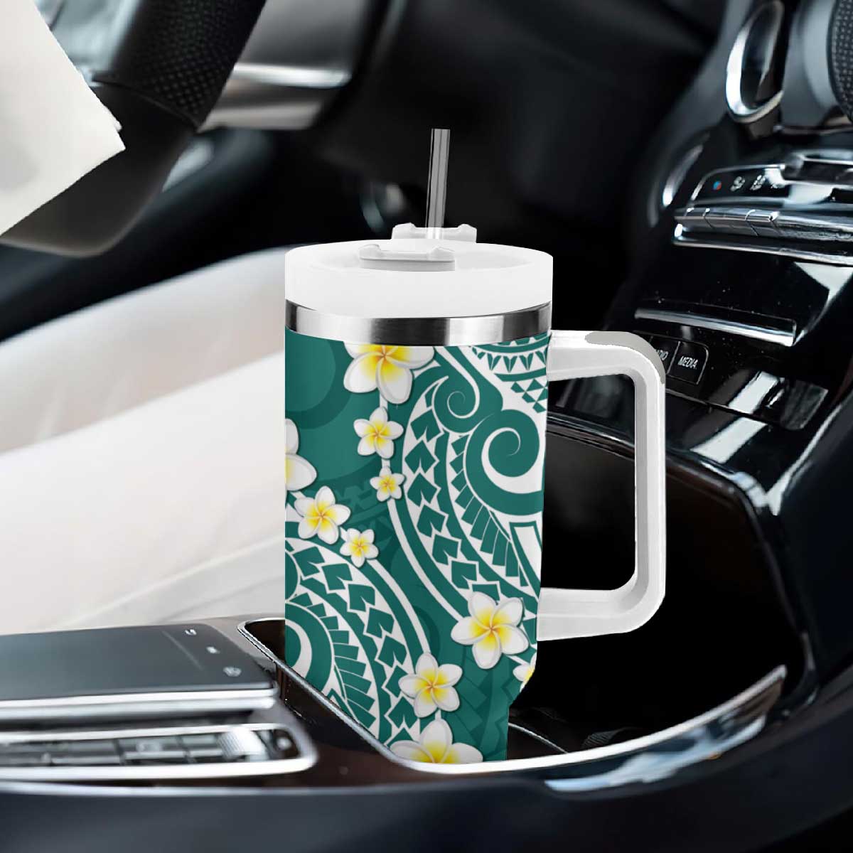 Plumeria With Teal Polynesian Tattoo Pattern Tumbler With Handle