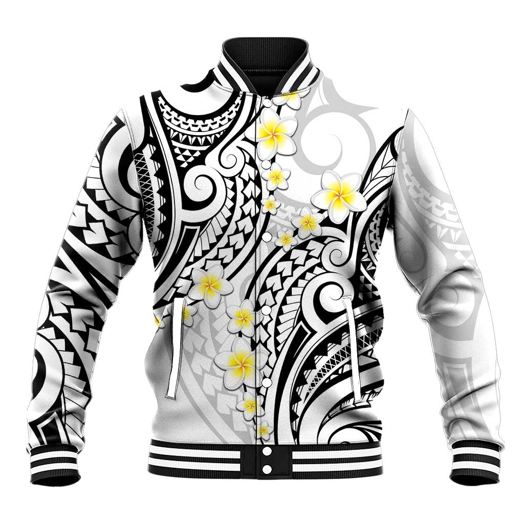 Plumeria With White Polynesian Tattoo Pattern Baseball Jacket LT05 Unisex White - Polynesian Pride