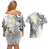 Plumeria With White Polynesian Tattoo Pattern Couples Matching Off Shoulder Short Dress and Hawaiian Shirt LT05 - Polynesian Pride