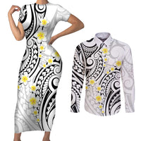 Plumeria With White Polynesian Tattoo Pattern Couples Matching Short Sleeve Bodycon Dress and Long Sleeve Button Shirt LT05 White - Polynesian Pride
