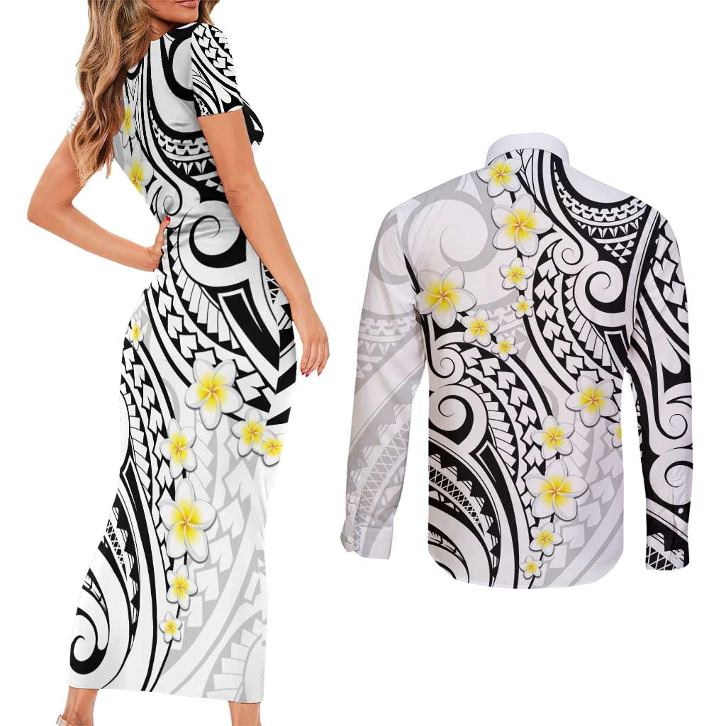 Plumeria With White Polynesian Tattoo Pattern Couples Matching Short Sleeve Bodycon Dress and Long Sleeve Button Shirt LT05 - Polynesian Pride