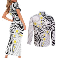 Plumeria With White Polynesian Tattoo Pattern Couples Matching Short Sleeve Bodycon Dress and Long Sleeve Button Shirt LT05 - Polynesian Pride