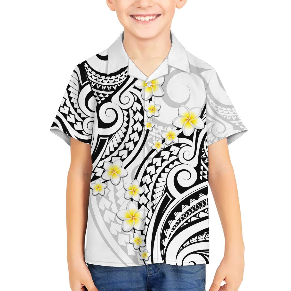 Plumeria With White Polynesian Tattoo Pattern Family Matching Off The Shoulder Long Sleeve Dress and Hawaiian Shirt