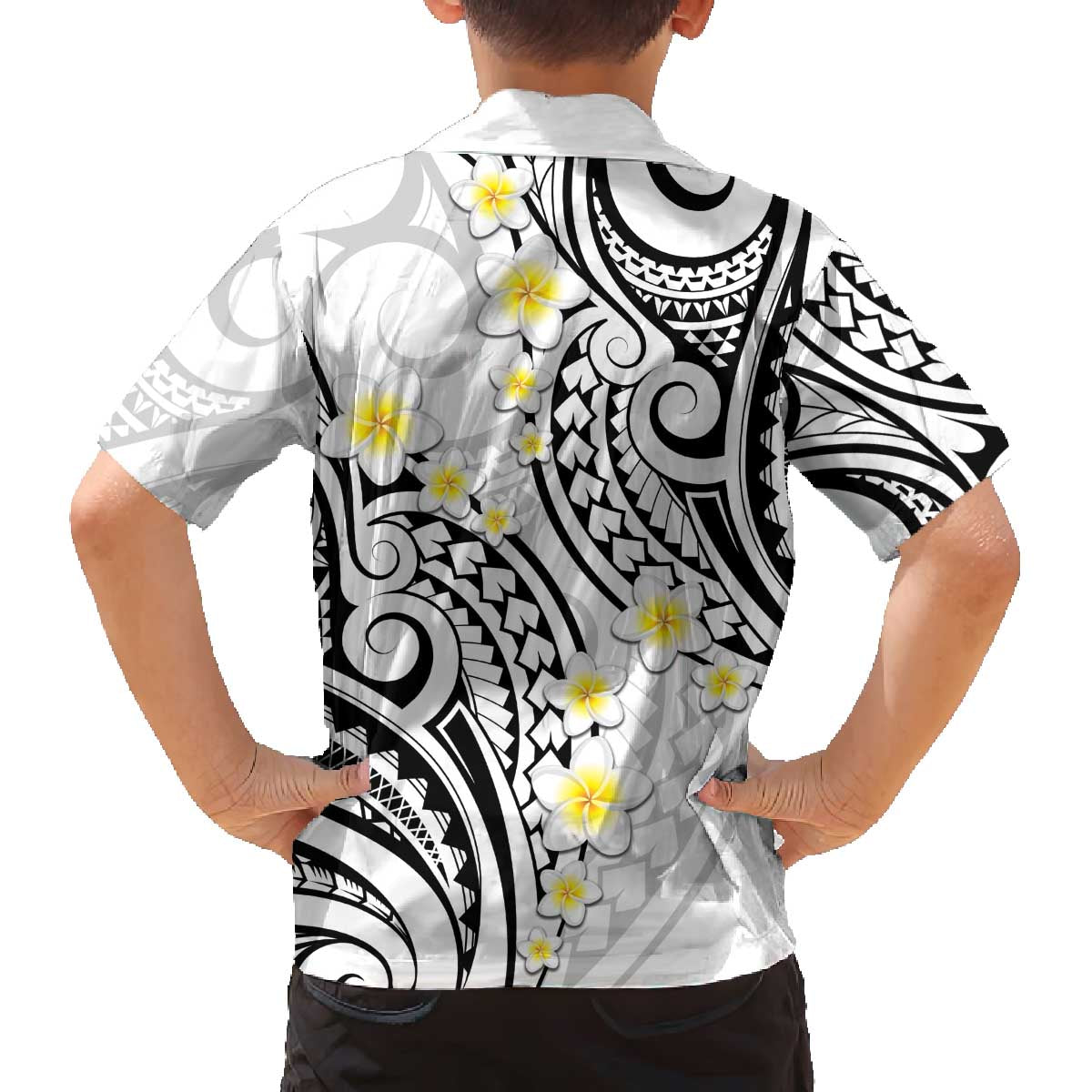 Plumeria With White Polynesian Tattoo Pattern Family Matching Off Shoulder Short Dress and Hawaiian Shirt