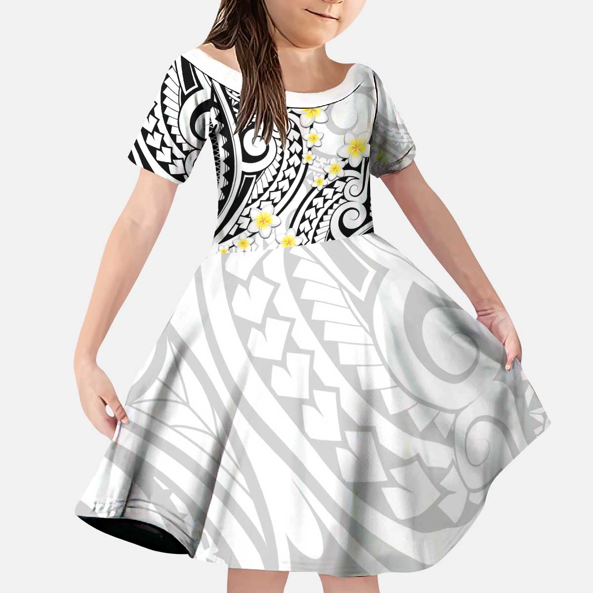 Plumeria With White Polynesian Tattoo Pattern Kid Short Sleeve Dress LT05 KID White - Polynesian Pride