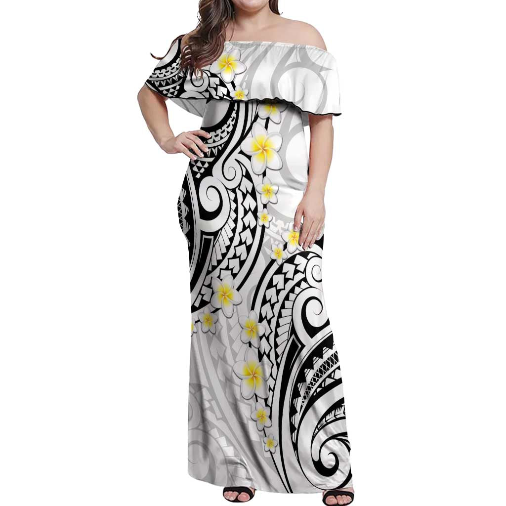 Plumeria With White Polynesian Tattoo Pattern Off Shoulder Maxi Dress LT05 Women White - Polynesian Pride