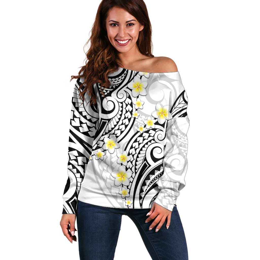 Plumeria With White Polynesian Tattoo Pattern Off Shoulder Sweater LT05 Women White - Polynesian Pride