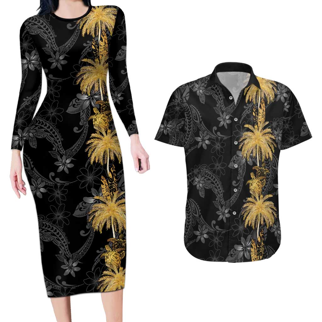 Hawaiian Honu And Surfboards Couples Matching Long Sleeve Bodycon Dress and Hawaiian Shirt Gold Style LT05 Gold - Polynesian Pride