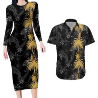 Hawaiian Honu And Surfboards Couples Matching Long Sleeve Bodycon Dress and Hawaiian Shirt Gold Style LT05 Gold - Polynesian Pride