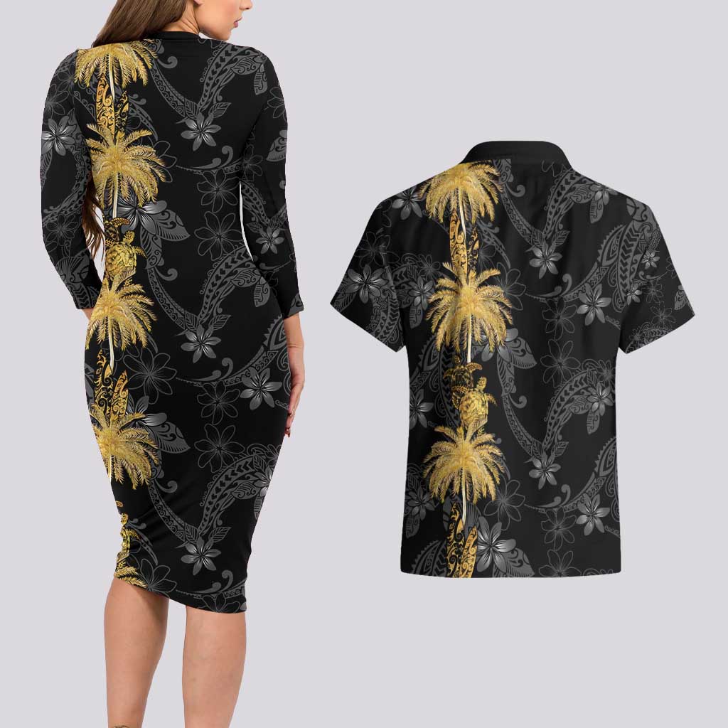 Hawaiian Honu And Surfboards Couples Matching Long Sleeve Bodycon Dress and Hawaiian Shirt Gold Style LT05 - Polynesian Pride