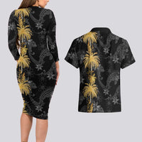 Hawaiian Honu And Surfboards Couples Matching Long Sleeve Bodycon Dress and Hawaiian Shirt Gold Style LT05 - Polynesian Pride