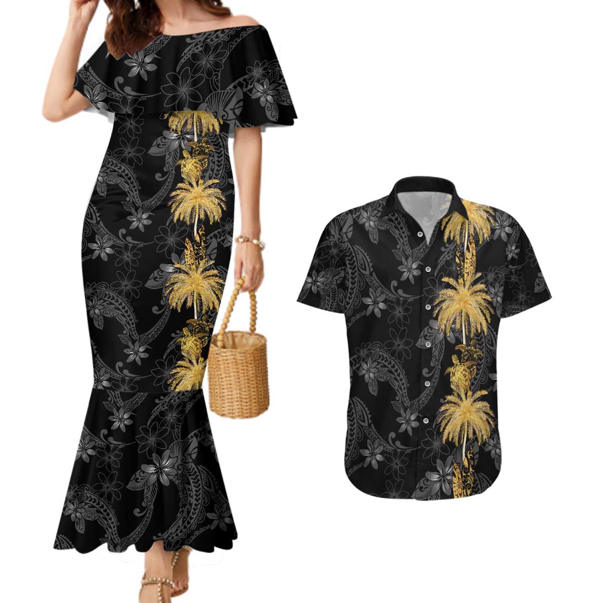 Hawaiian Honu And Surfboards Couples Matching Mermaid Dress and Hawaiian Shirt Gold Style - Polynesian Pride