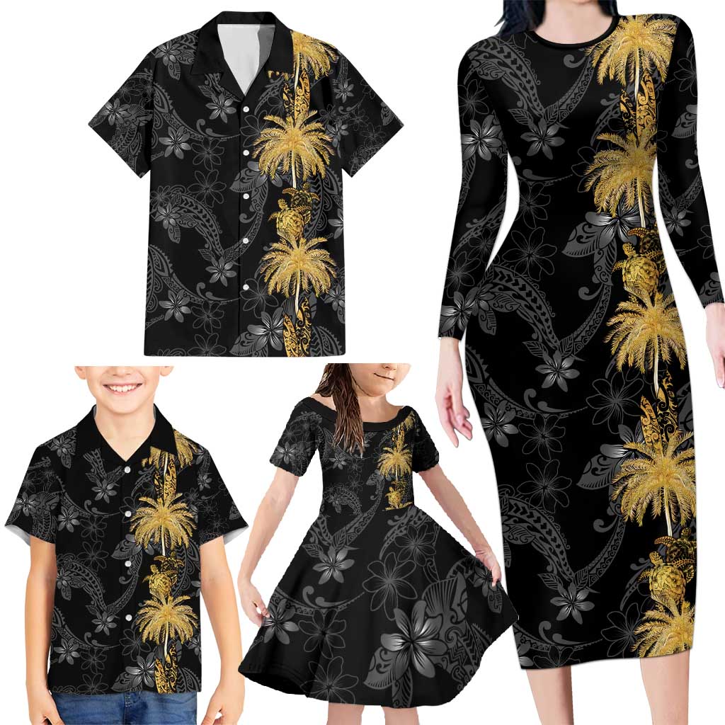 Hawaiian Honu And Surfboards Family Matching Long Sleeve Bodycon Dress and Hawaiian Shirt Gold Style LT05 - Polynesian Pride