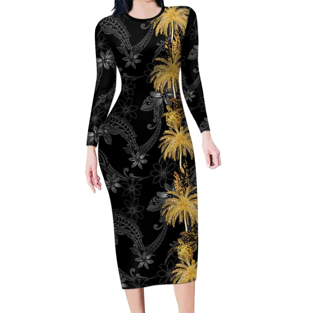 Hawaiian Honu And Surfboards Family Matching Long Sleeve Bodycon Dress and Hawaiian Shirt Gold Style LT05 Mom's Dress Gold - Polynesian Pride