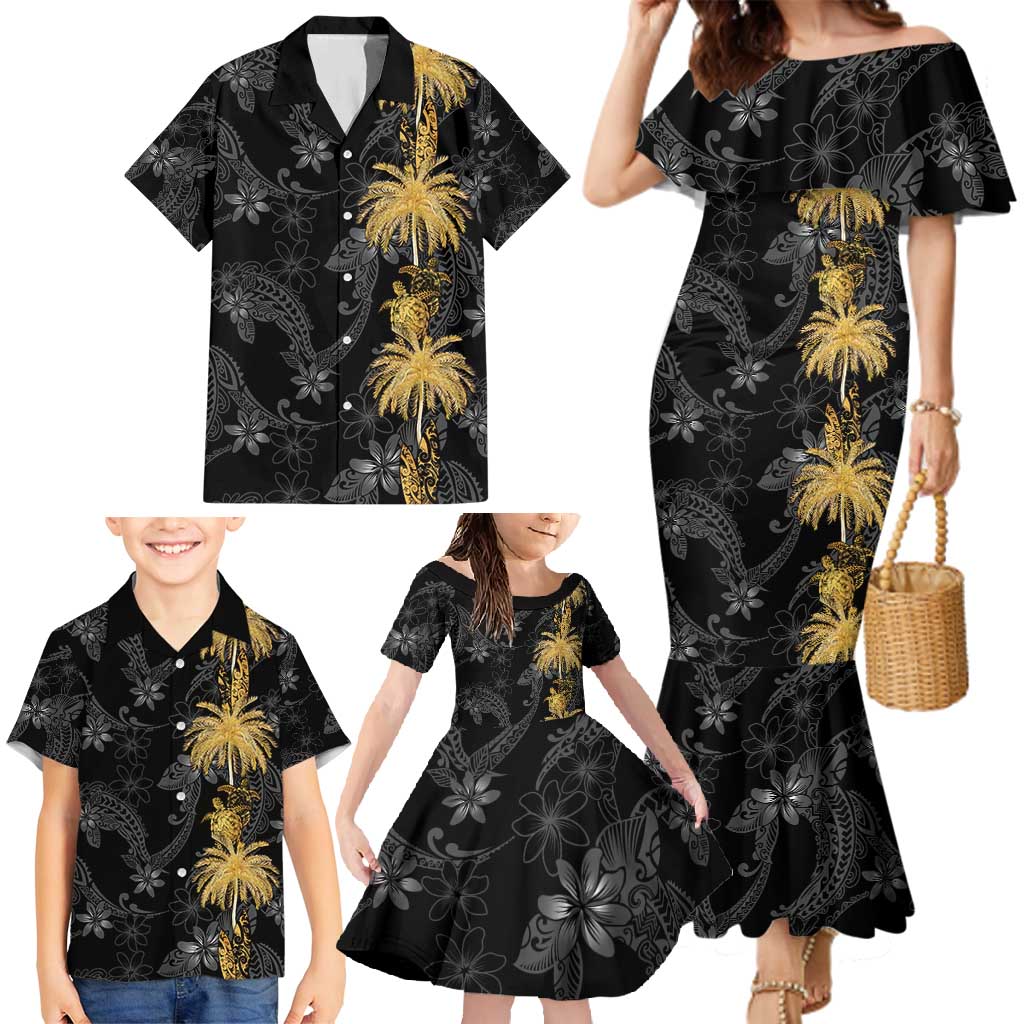 Hawaiian Honu And Surfboards Family Matching Mermaid Dress and Hawaiian Shirt Gold Style LT05 - Polynesian Pride