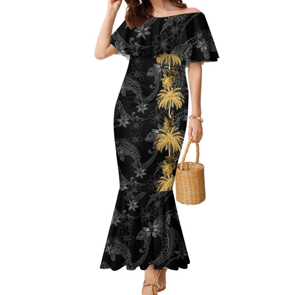 Hawaiian Honu And Surfboards Family Matching Mermaid Dress and Hawaiian Shirt Gold Style LT05 Mom's Dress Gold - Polynesian Pride